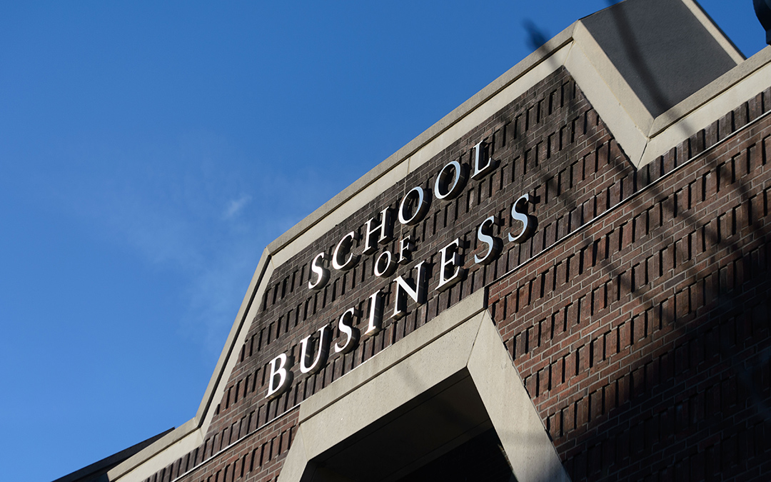 A view of the School of Business on April 28, 2015. (Peter Morenus/UConn Photo)