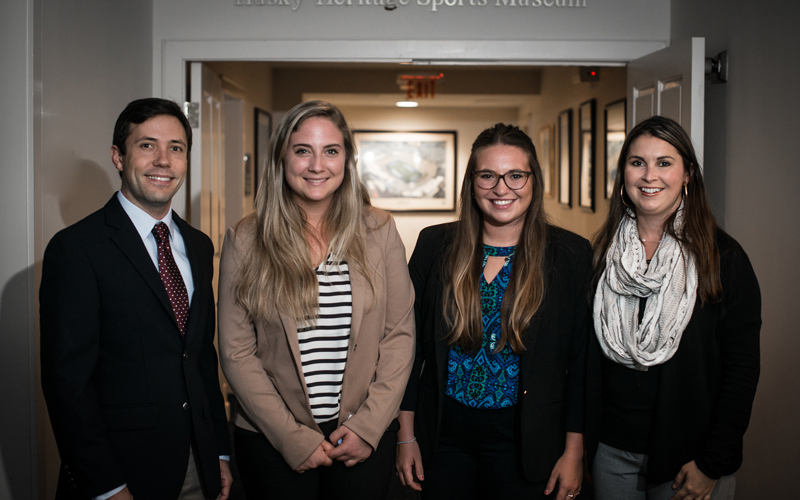 The creators of LambdaVision with two undergraduate student interns who helped represent the company during the CCEI fellowship and again at the Wolff competition. From left, Dr. Jordan Greco '10 (CLAS), '15 Ph.D., Molly Zgoda '17 (CLAS), Audrey Gallo '17 (CLAS), and Dr. Nicole Wagner '07 (CLAS), '13 Ph.D. (Nathan Oldham/UConn School of Business)
