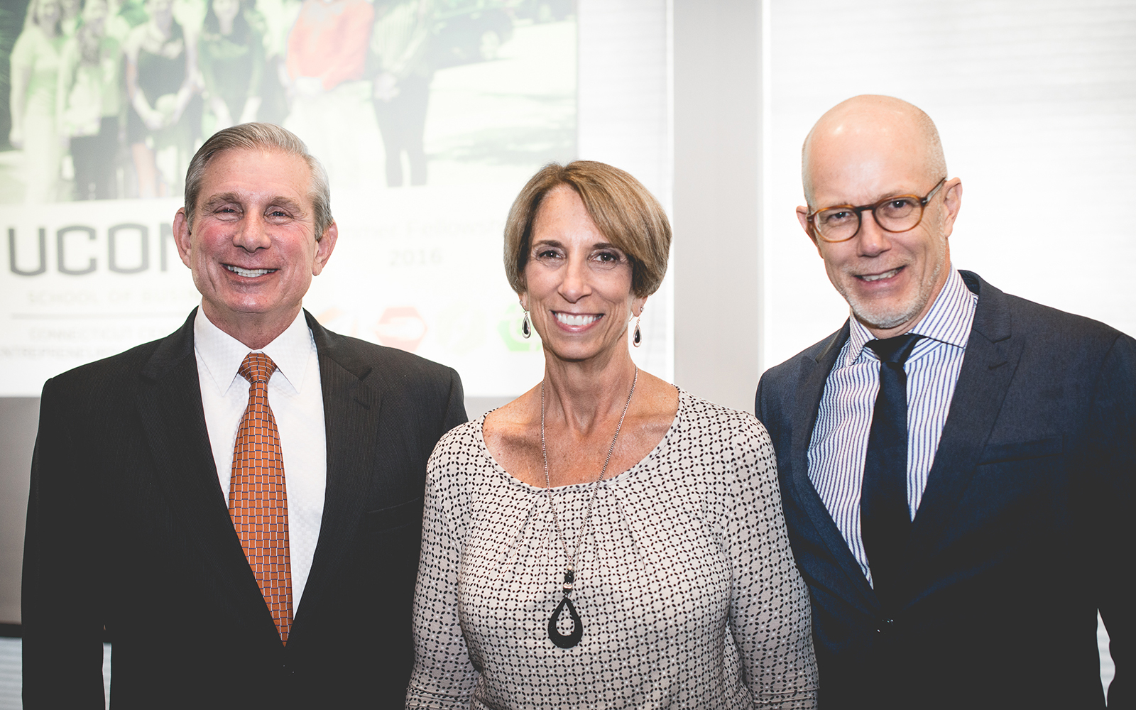 Greg Wolff, Deb (Wolff) Davis, and Professor Timothy B. Folta (Nathan Oldham/UConn School of Business)