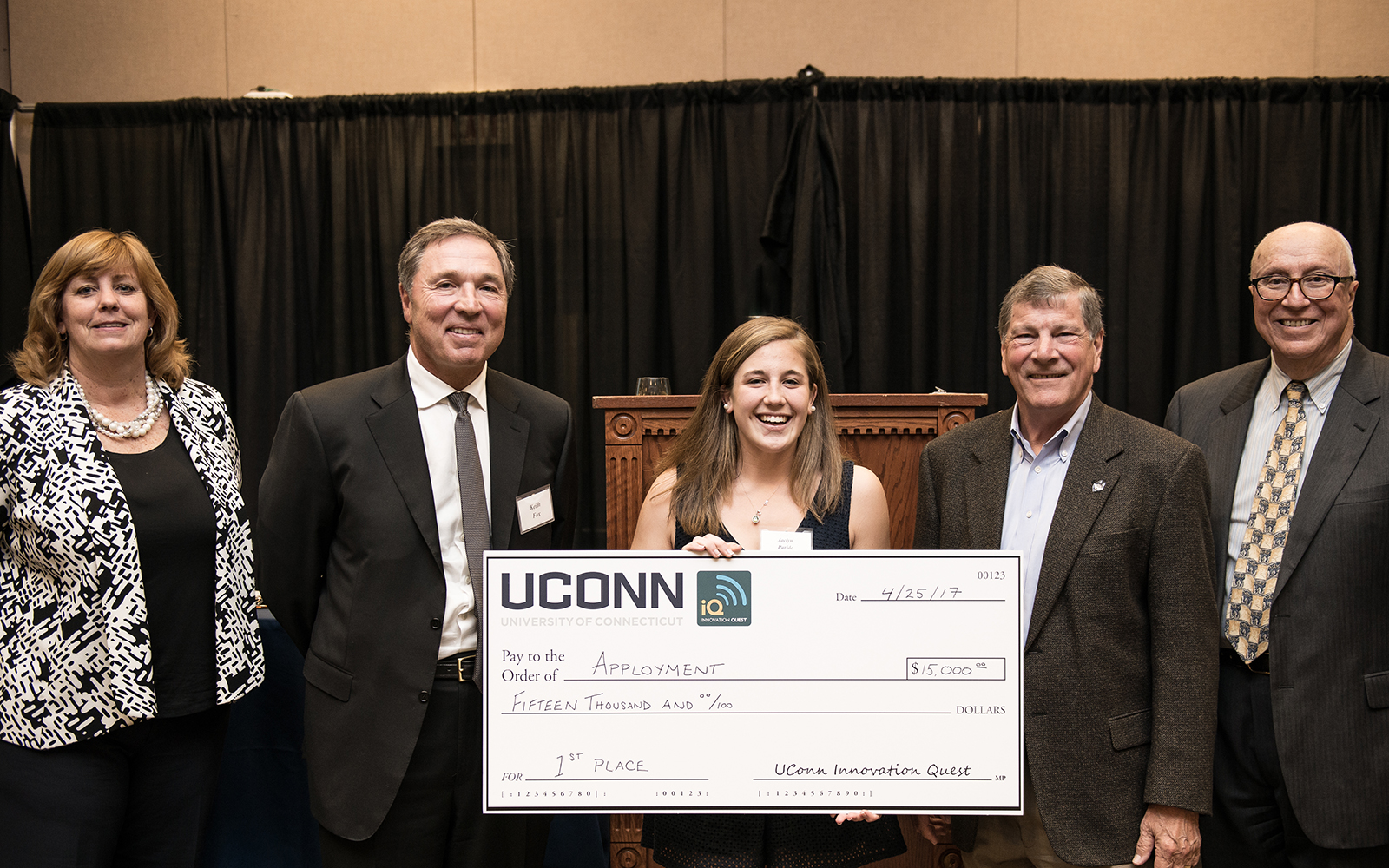 From left: Management Department Head Lucy Gilson, Alumnus Keith Fox '80, Apployment team member Jaclyn Paride, School of Business Dean John Elliott, and Management Professor Rich Dino (Nathan Oldham/UConn School of Business)