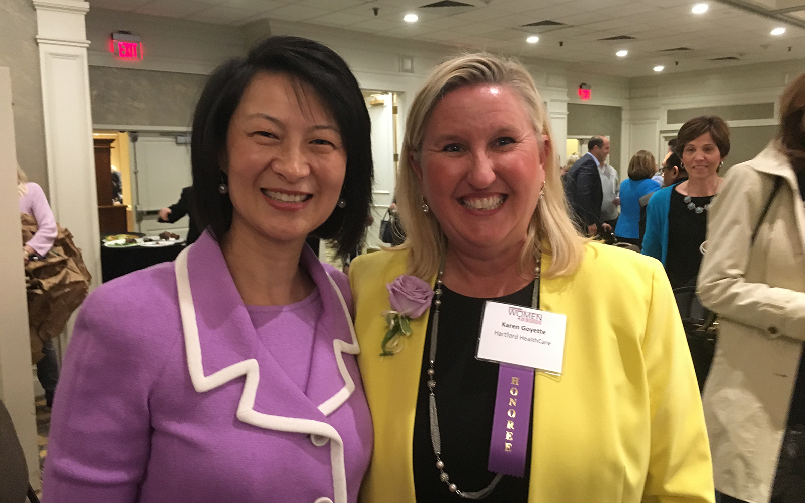 Sulin Ba, associate dean of Academic and Research Support at the UConn School of Business, poses for a photo with Karen Goyette '91, senior vice president of Strategy and System Integration at Hartford Healthcare. Goyette and seven other remarkable women in business were honored during a May 10 ceremony at the Hartford Hilton. (Michael Deotte/UConn School of Business)