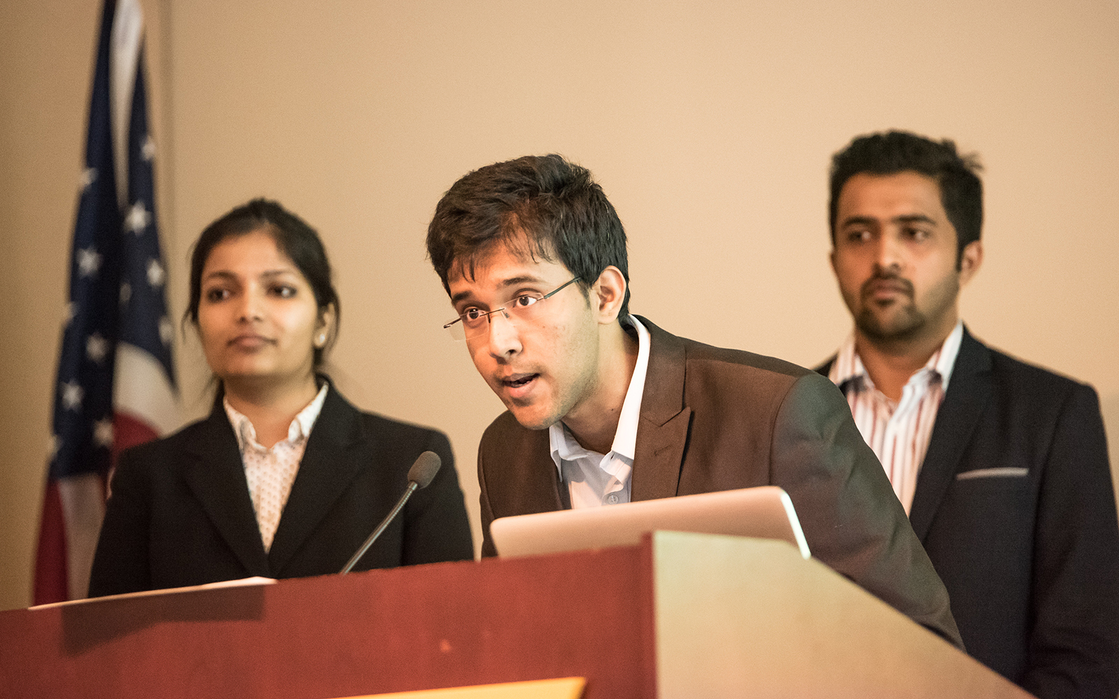 MSBAPM students Karpagam Vinayagam, Anoop Ramathirtha, and Suhas Nadiga, whose team came in third place. (Nathan Oldham/UConn School of Business)