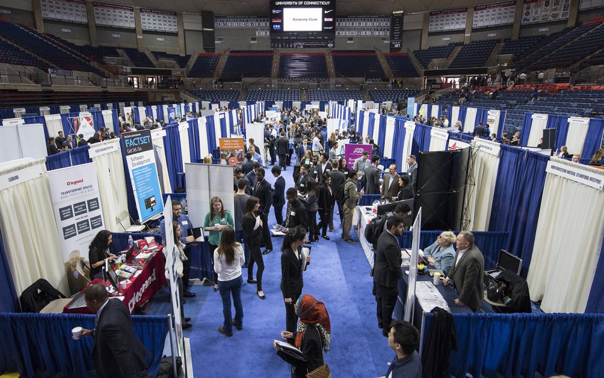 Students attend a Career Fair in Gampel Pavilion. (Ryan Glista/UConn Photo)