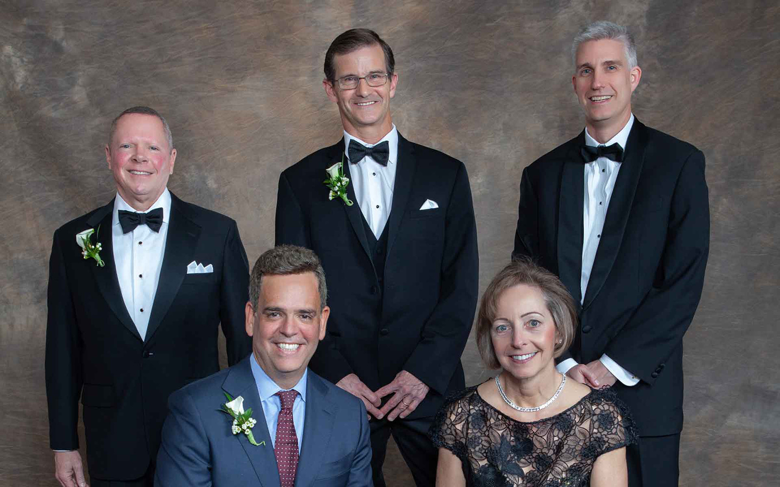 The new inductees into the UConn School of Business Hall of Fame posed for a picture prior to the event. From left standing: James Whalen ’82, Robert Chauvin ’78, and David Souder, interim Dean of the UConn School of Business. From left, seated: , George A. Barrios ’87, ’89 MBA and Mary Laschinger ’92 EMBA. (Thomas Hurlbut Photography)