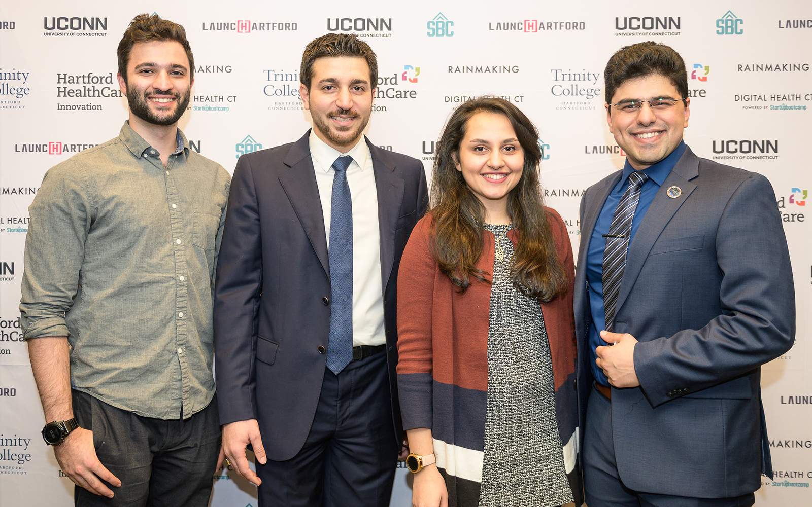 Khashayar Dashti, co-founder and COO for QRfertile; Reza Amin, Ph.D., co-founder and CEO of QRfertile; Leila Daneshmandi, co-founder of Encapsulate, and Armin Tahmasbi Rad, co-founder and CEO of Encapsulate. (Nathan Oldham / UConn School of Business)