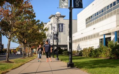 Students walk outside the Stamford campus building on Oct. 19, 2016. (Peter Morenus/UConn Photo)
