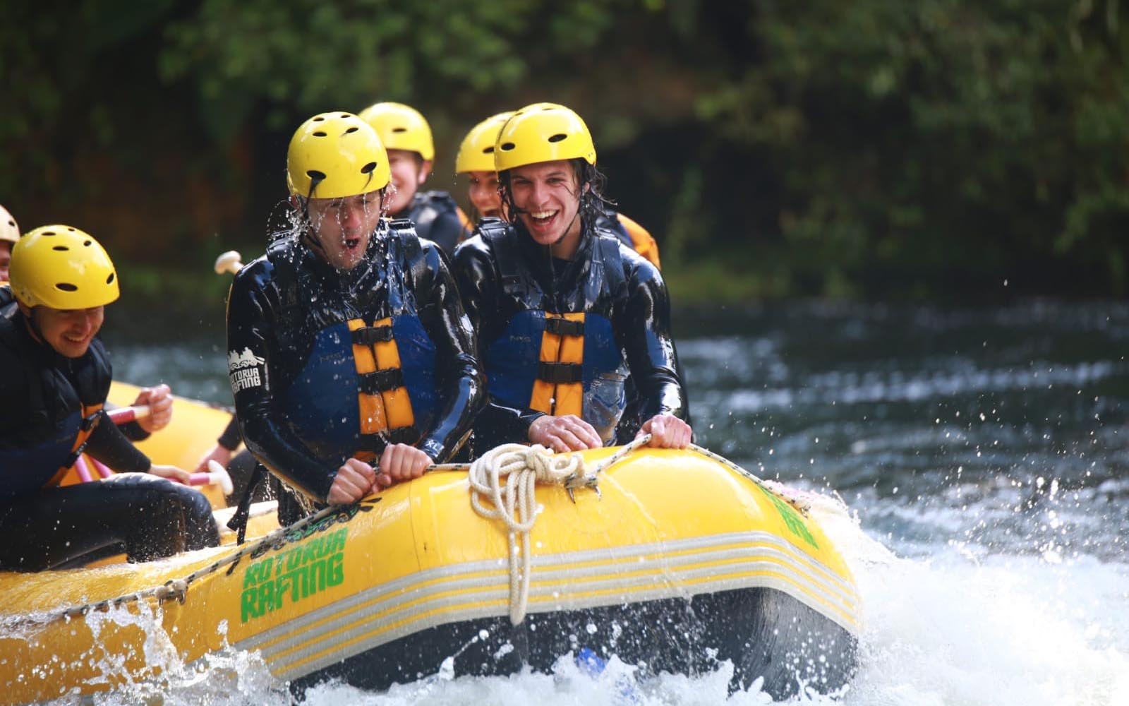 Jackson Guay '22 (front right) participating in a whitewater rafting trip while studying abroad. (contributed photo)