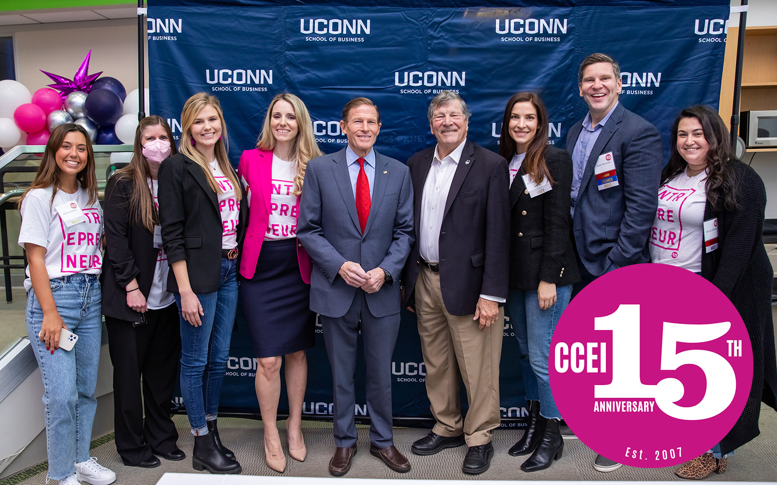 CCEI celebrates their 15th anniversary this year. Left to Right, Kate Savinelli, Mehgan Williams, Michaela Hartl, Jen Mathieu, U.S. Sen. Richard Blumenthal, Dean John A. Elliot, Alycia Chrosniak, Rory McGloin, and Rachel Borden.