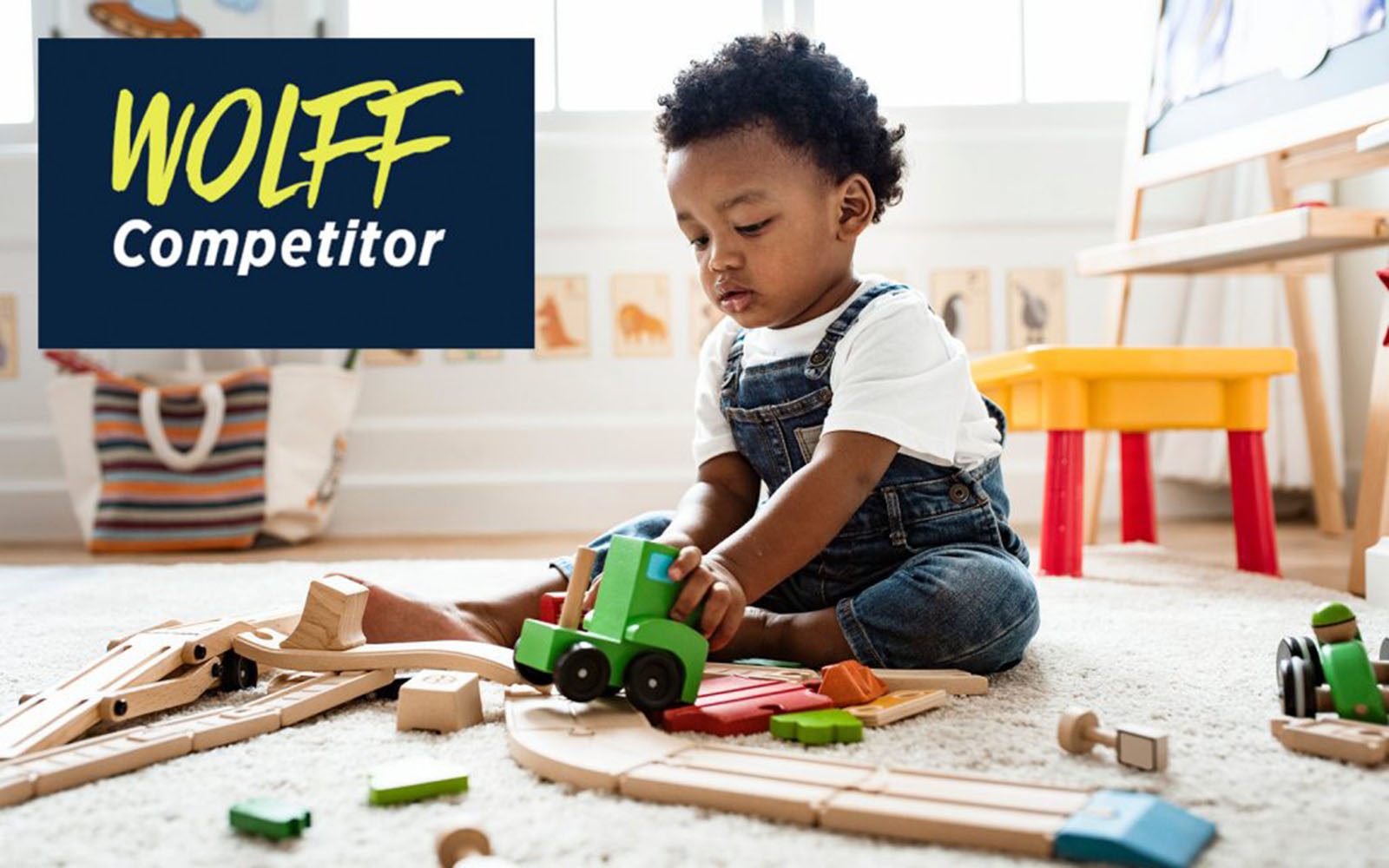 A toddler plays with toys on a living room floor